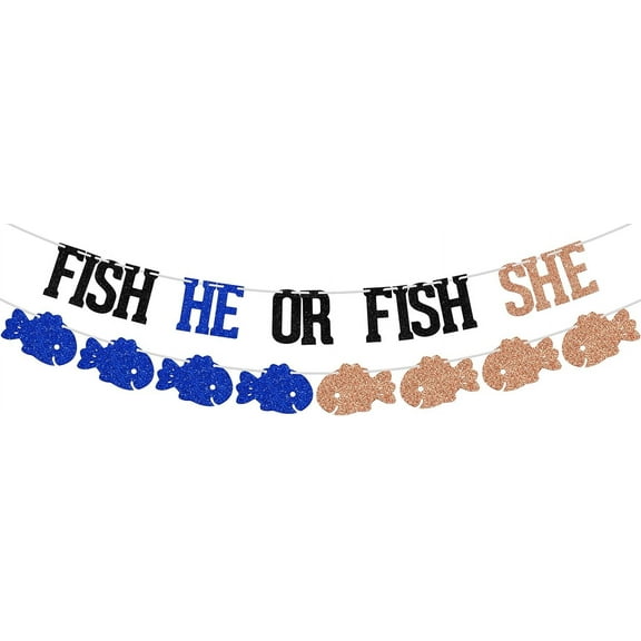 Fish He or Fish She Banner, Baby Shower Decorations, Gender Reveal Party Sign, Blue, Rose Gold & Black