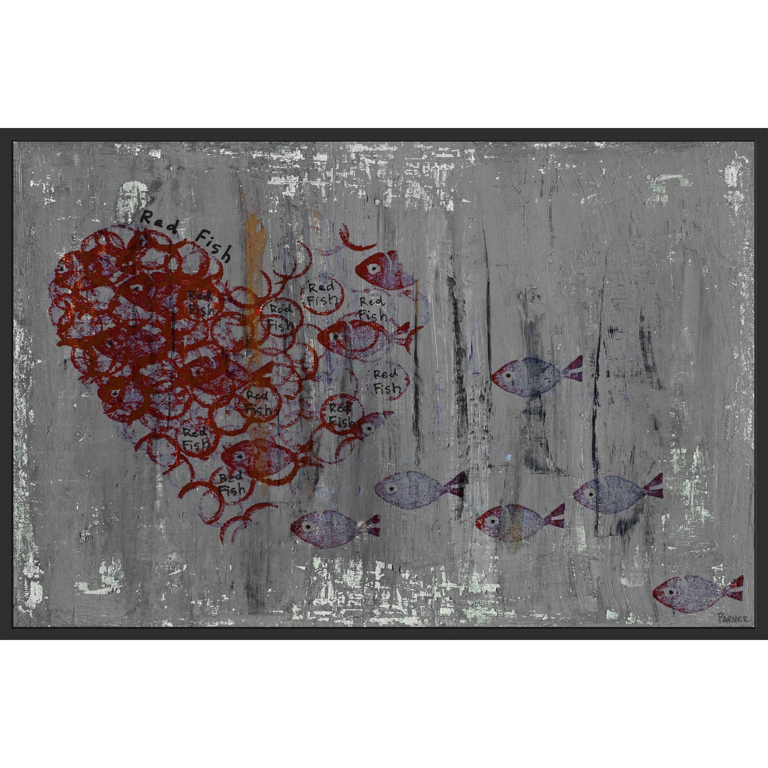 Gray and Red Fish Heart Framed Canvas Print, 18" x 12"