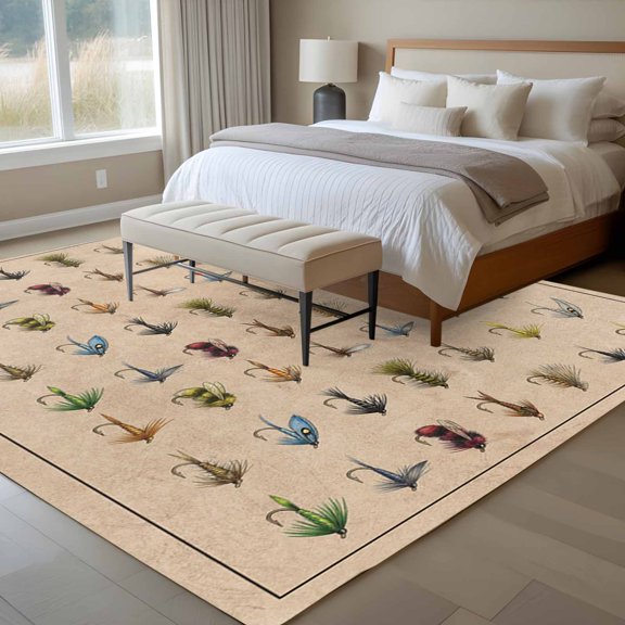 Fish Hook 6x9 Rug for Dining Room Table and Chair Setup, Retro Colorful Fish Hook Biographies Linen Texture Low Pile Washable Non Slip Rectangle Area Rug