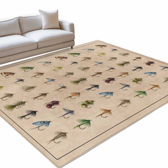 Fish Hook 6x9ft Non Slip Area Rug Retro Colorful Fish Hook Biographies Linen Texture Washable Soft Area Rugs for Living Room, Indoor Circle Carpet for Bedroom Dining Room Kitchen