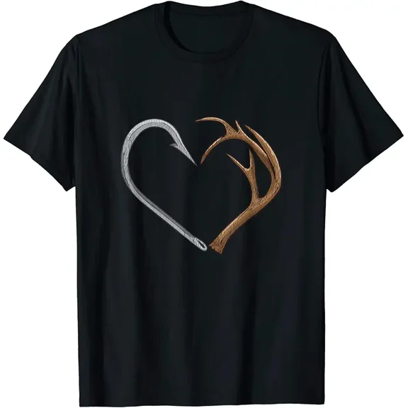 Fish Hook Antler Heart Hunting Fishing Love Graphic Men Women Short Sleeve T-Shirt