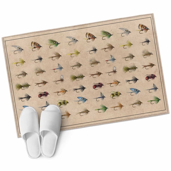 Fish Hook Area Rug, Retro Colorful Fish Hook Biographies Linen Texture Rectangular Non-Slip Absorbent Washable Area Rug Felt Rubber Backing Indoor Carpet for Bedroom Living Room 2x3ft