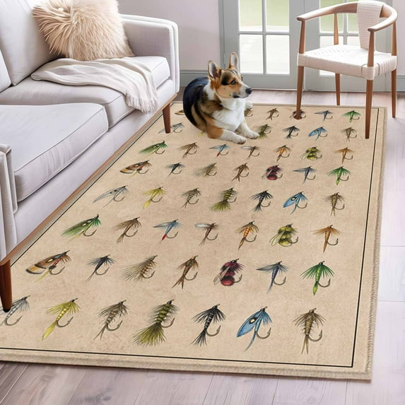 Fish Hook Area Rugs 3x5 ft Retro Colorful Fish Hook Biographies Linen Texture Washable Rug Non Slip Indoor Carpet Absorbent Floor Mat for Living Room Bedroom Dining Room