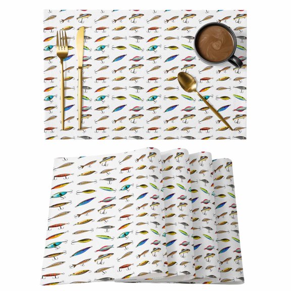 Fish Hook Cotton Linen Placemats Set of 1, Colorful Bait Rustic Farmhouse Style Animal Washable Table Place Mats Heat Insulating Placemat for Dining Room Kitchen Daily Use 13 x 19 Inch