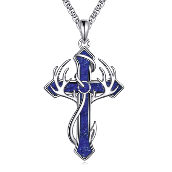 Fish Hook Cross Necklace for Men 925 Sterling Silver Lapis Lazuli Cross Pendant Deer Antler Hunting Jewelry Gifts for Women Men