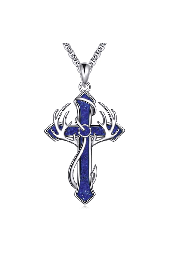 Fish Hook Cross Necklace for Men 925 Sterling Silver Lapis Lazuli Cross Pendant Deer Antler Hunting Jewelry Gifts for Women Men