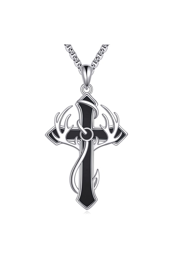 Fish Hook Cross Necklace for Men 925 Sterling Silver Onyx Cross Pendant Necklaces Deer Antler Hunting Jewelry Gifts for Women Men