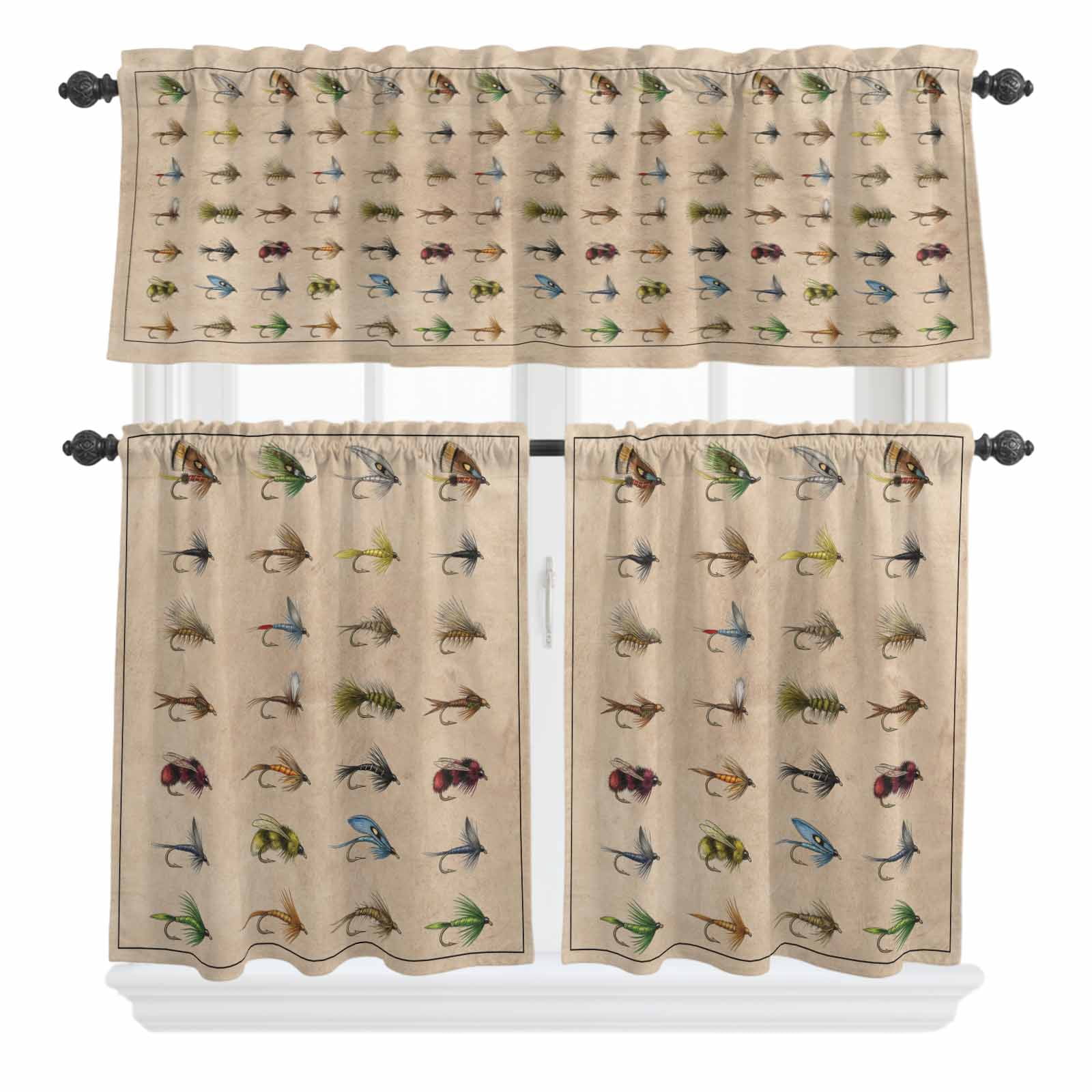 Fish Hook Curtain Valances Set Retro Colorful Fish Hook Biographies Linen Texture Kitchen Curtains 36&nbsp;inch Length Rod Pocket Valance and Tiers 3 Piece Set Small Bedroom Bathroom Laundry Decor