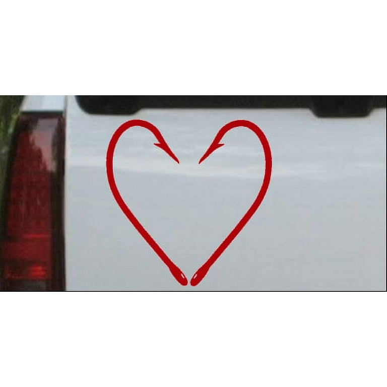 Fish Hook Heart Car or Truck Window Laptop Decal Sticker Red 3in X