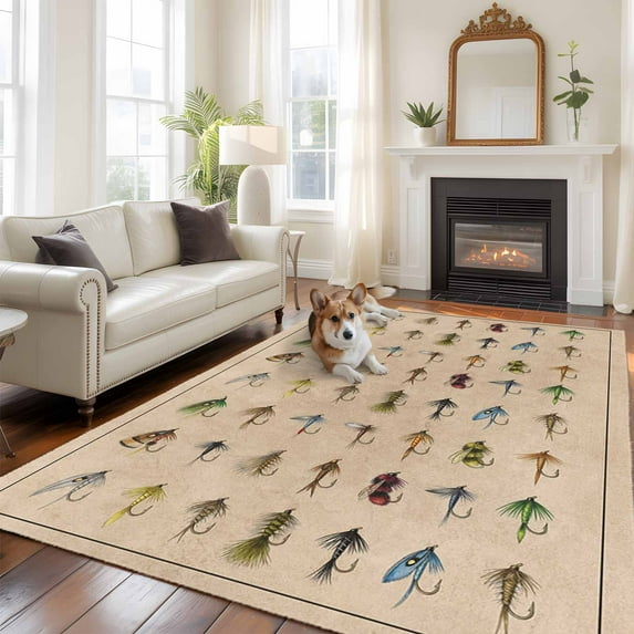 Fish Hook Large Area Rugs 6x9 ft Retro Colorful Fish Hook Biographies Linen Texture Washable Rug Non Slip Indoor Carpet Absorbent Floor Mat for Living Room Bedroom Dining Room