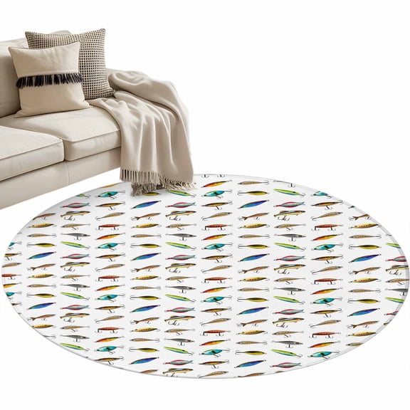 Fish Hook Round Area&nbsp;Rug 3ft Colorful Bait Rustic Farmhouse Style Animal Non-Slip&nbsp;Washable Circle Rugs Soft Felt Indoor Floor Mat for Bedroom Kitchen Living Room Bathroom