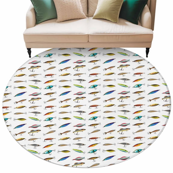 Fish Hook Round Area Rug 5ft Colorful Bait Rustic Farmhouse Style Animal Non-Slip Washable Circle Rugs Soft Felt Indoor Floor Mat for Bedroom Kitchen Living Room Bathroom