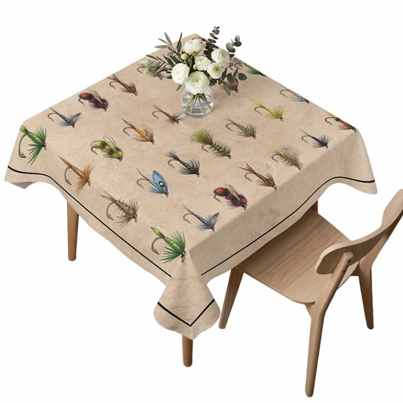 Fish Hook Square Tablecloth Retro Colorful Fish Hook Biographies Linen Texture Waterproof Wrinkle Free Soft Table Cloth Spill-Proof Washable Table Cover for Dining Party Picnic 54 x 54 Inch
