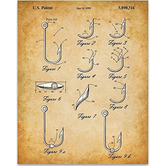 Fish Hooks Art Print - 11x14 Unframed Patent Print - Great Lake House, Beach House, Cabin Decor or Gift for Fishermen