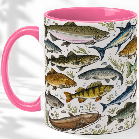 Fish Illustration Accent Mug, 11oz Ceramic Coffee Cup for Anglers