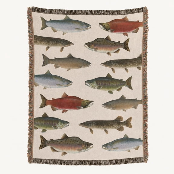 Fish Illustration Woven Cotton Throw Blanket with Fringe, Rustic Lake Cabin Decor