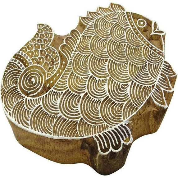 Fish Indian Wood Block Art Handcarved Printing Block Textile Stamp
