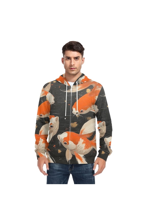 Fish Ink Painting Men’s Hoodies Sweatshirt with Full Zip Pockets Fleece Jackets