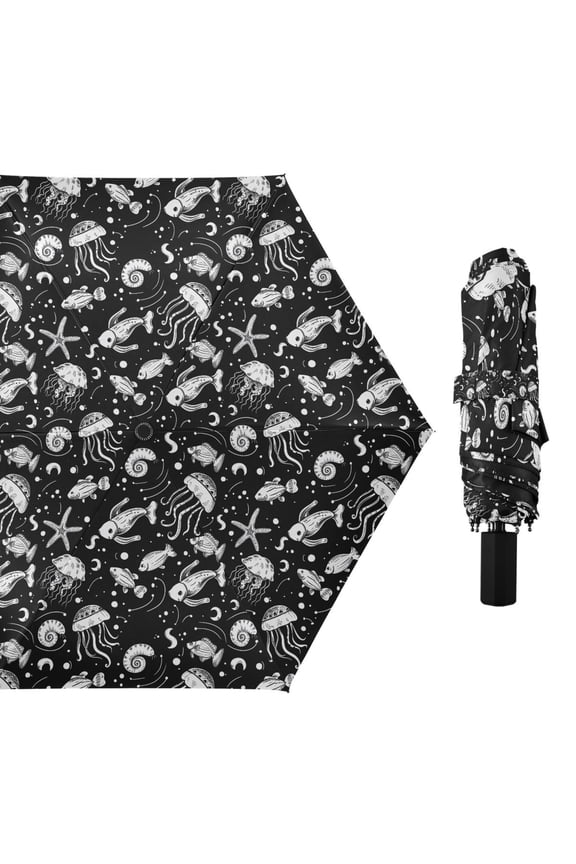 Fish Jellyfish Conch Compact Sun Umbrella Windproof Travel Umbrellas for Rain Strong Portable UV Protection