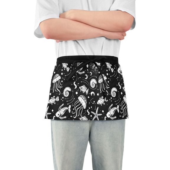 Fish Jellyfish Conch Server Apron with 3 Pockets Waterproof Waitress Waist Short Apron for Man Woman 12 Inches