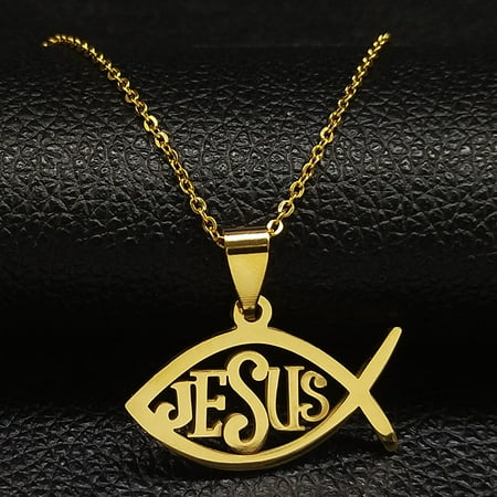 Fish Jesus 14K Yellow Gold Necklace Christian Ichthys Necklaces Pendants Jewelry joyas de acero inoxidable para mujer