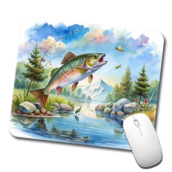 Fish Jumping Stream Lake Fishing Watercolor Mouse Pad Low Profile Gaming Mat