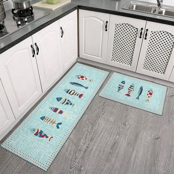 Fish Kitchen Mat Set of 2 Non Slip Kitchen Runner Rug Throw Rugs Indoor/Outdoor Floor Mat for Home Kitchen-17*24 + 17*47 inches