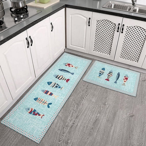Fish Kitchen Mat Set of 2 Non Slip Kitchen Runner Rug Throw Rugs Indoor/Outdoor Floor Mat for Home Kitchen-17"X30"+17"X47" inches