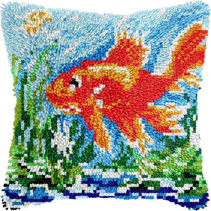 Fish Latch Hook Pillow Kits Cushion Pillowcase with Pattern Printed Canvas Sofa Hooking Pillows Crafts Embroidery Latch Hooking Crochet Kits 17x17 inch(111)