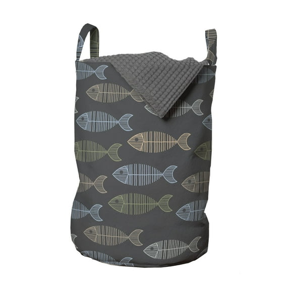 Fish Laundry Bag, Vintage Geometric Animal Design with Lines Retro Marine Pattern Fish Skeleton Image, Basket with Handles Drawstring Closure for Laundromats, 13" x 19", Multicolor, by Ambesonne