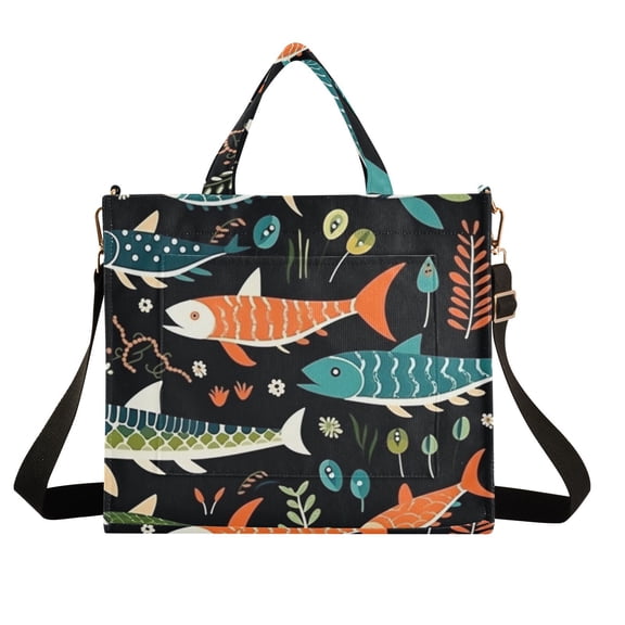 Fish Leaves Green Corduroy Tote Bag Handbag Large Messenger Bag Shoulder Crossbody Zipper Bag Purse