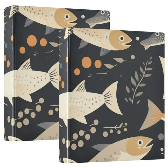Fish Leaves Yellow 3 Ring Binders 1.5 inch Hardcover File Folders with Interior Pockets A4 Size Organizer for School Office Hospital Set of 2