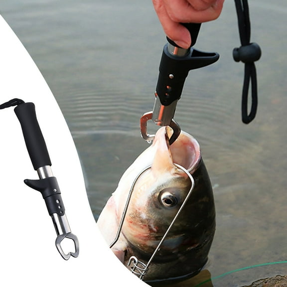 Fish Lip Gripper Stainless Steel Trigger Clamp With Black Lanyard One Piece Landing Tool For Secure Catch Handling On Boat Bank Kayak