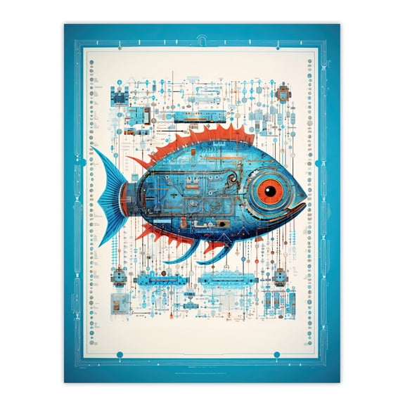 Fish Marine Robot Hybrid Secret Military Schematic Blueprint Futuristic Complex Arcane Manuscript Gift For Him Man Cave Unframed Wall Art Print Poster Home Decor Premium