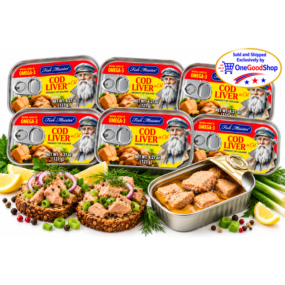 Fish Meister - Authentic COD LIVER Canned in Oil 4.27oz/121g | Natural Source of Omega-3, Rich in Vitamins A&D | Product of ICELAND - 6 Pack