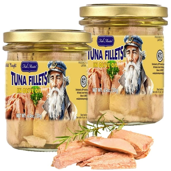 Fish Meister Tuna Fish in Premium Olive Oil - Tunas in Jar Rich with Omega-3 & Packed in Glass Jar for Freshness - Yellowfin Tuna Ready to Eat for Healthy Meals & Snacking Anytime - 2 Pack