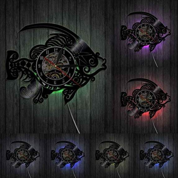 Fish Modern Wall Art Vinyl Record Wall Clock Handmade Home Decor Fisherman Unique Decorative Vinyl Clock Fish Gift For Kids
