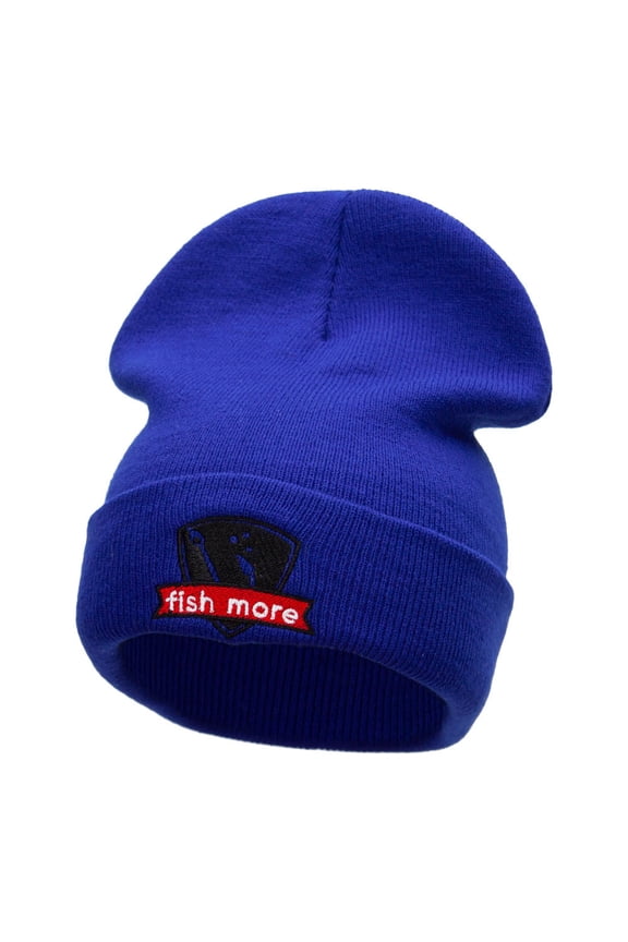 Fish More Embroidered Long Knitted Beanie - Royal OSFM