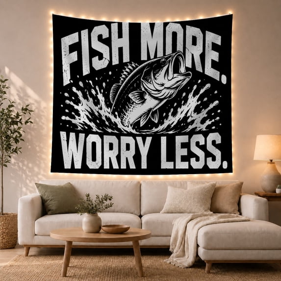 Fish More Worry Less Bass Tapestry Wall Hanging