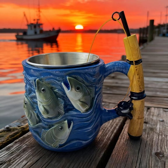 Fish Mug,Fishing Coffee Mug,Funny Fishing Rod & Reel Design Coffee Mug, Resin Fishings Theme Tea Cup with Grip, Fishings Line Decorative Water Cup Gift for Fisherman Dad Husband