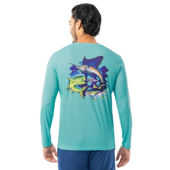 Fish N Vibe Men's Long Sleeve Performance Fishing Graphic Tee, Aqua Saltwater Trio, 2XL