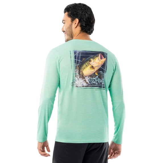 Fish N Vibe Men's Long Sleeve Performance Fishing Graphic Tee, Green Cationic Jumping Bass Splash, L