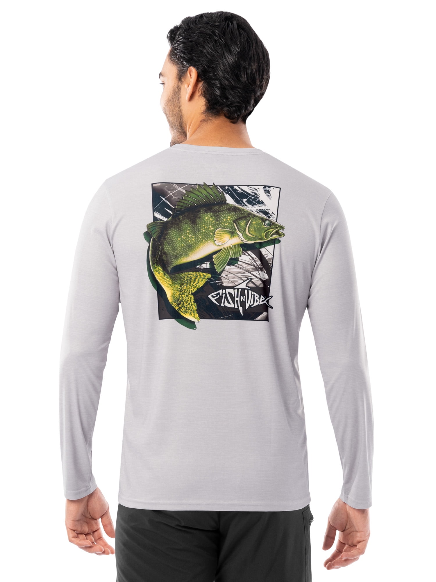 Fish N Vibe Men's Long Sleeve Performance Fishing Graphic Tee, Grey Cationic Wander Walleye, L