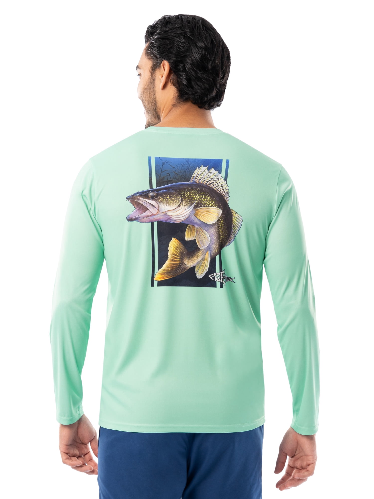 Fish N Vibe Men's Long Sleeve Performance Fishing Graphic Tee, Seafoam Walleye Pivot, XL
