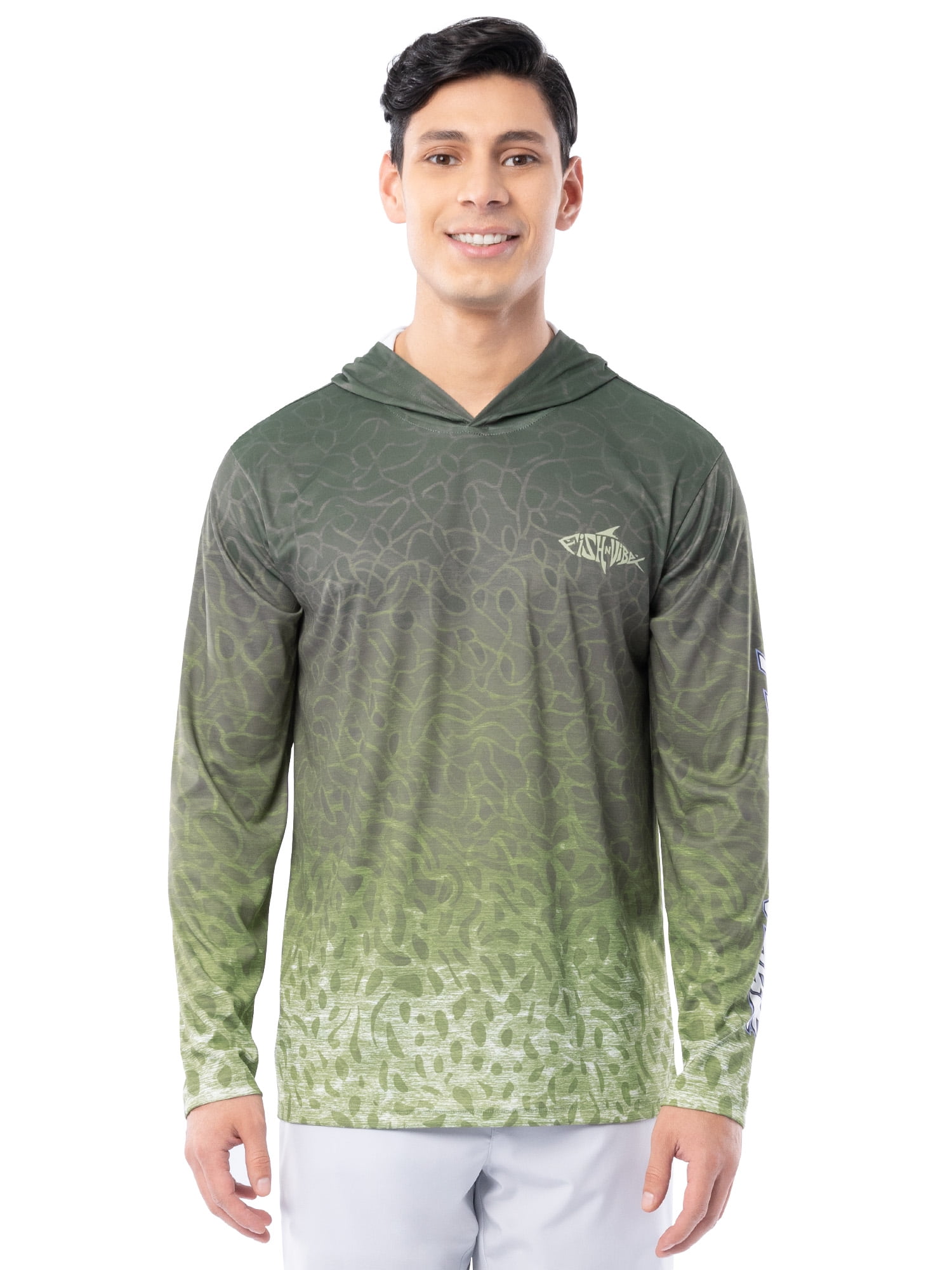 Men's Long Sleeve Performance UPF 30 Fishing Graphic Hoodie, Hooked Bass Speckled-Gray, 2XL