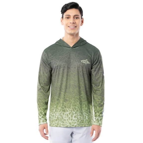 Fish N Vibe Men's Long Sleeve Performance UPF 30 Fishing Graphic Hoodie, Hooked Bass Speckled-Gray, L