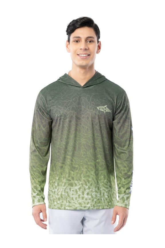 Men's Long Sleeve Performance UPF 30 Fishing Graphic Hoodie, Hooked Bass Speckled-Gray, L