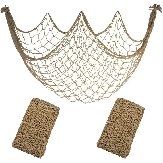 Fish Net Decoration Caramel 80x40 Inch, ZUEXT 2PCS Picture Fish Net, Cotton Mermaid Net for Hawaiian Nautical Beach Party, Fishnet Photo Display for Room or Table, Sea Themed Fishnet Balloon Net