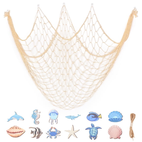 Fish Net Decoration with 12 Marine Ornaments, 39x59 Inch Beige Cotton Decorative Fishing Net for Under The Sea Nautical Pirate Party