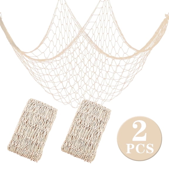 Fish Net Decorations-80x40 inch,3mm Thick Natural Cotton-Versatile Nautical Netting for Under The Sea Hawaiian Beach Parties,Wall/Table/Ceiling Decor Beige 2 Pcs